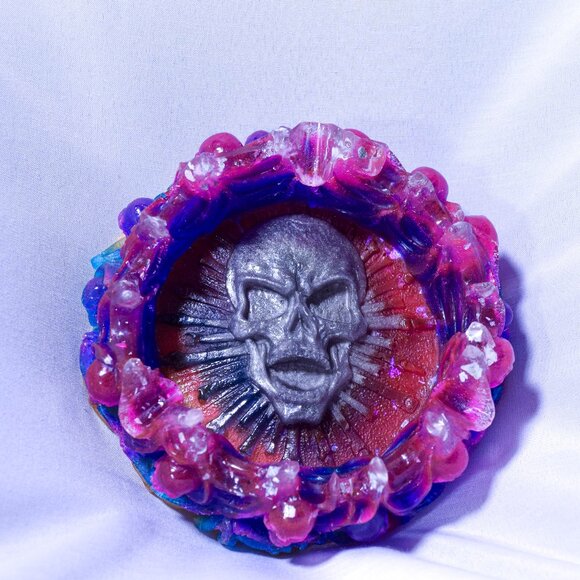 Purple & Blue Ashtray w/ Skulls and Flames - Picture 2 of 2